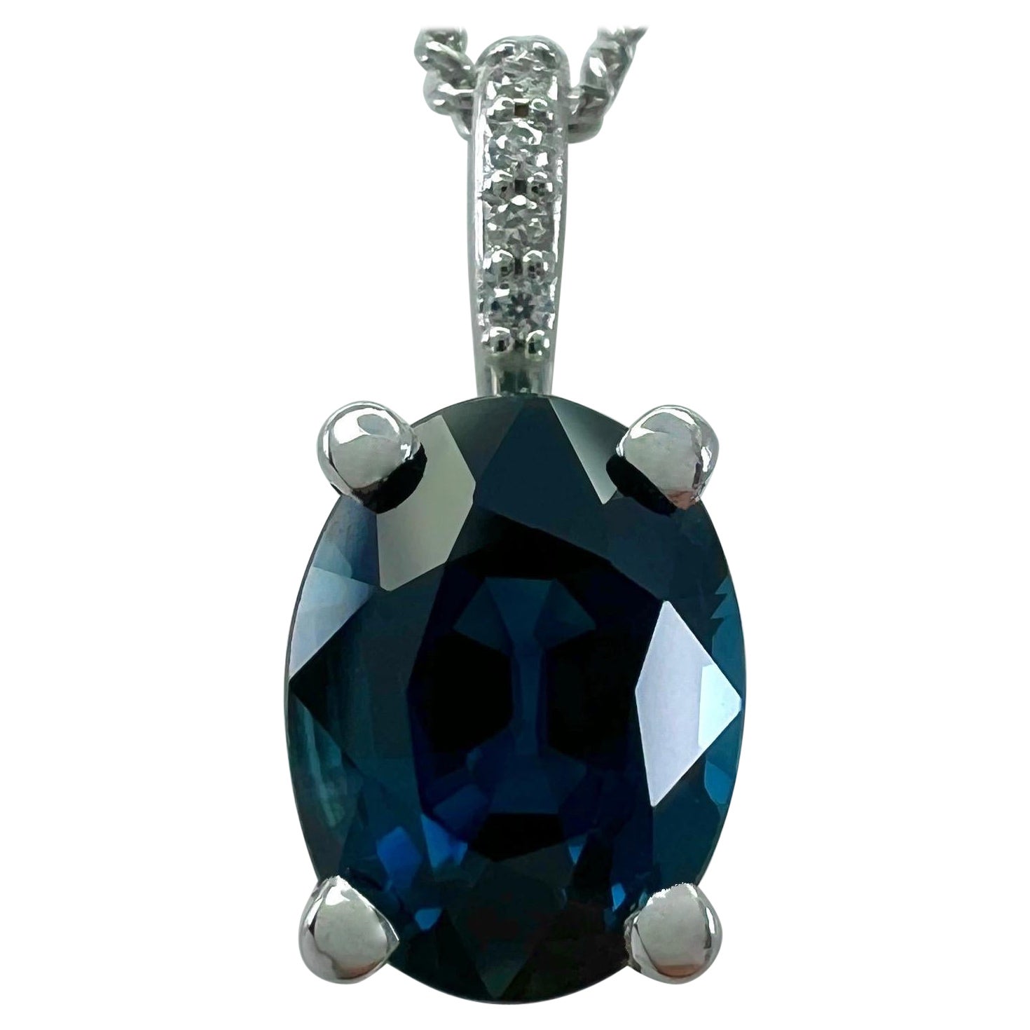 1.15ct Deep Blue Oval Cut Sapphire Diamond 18k White Gold Hidden Halo Pendant
