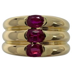 Rare Vintage Cartier Red Ruby Ellipse 18k Yellow Gold Three Stone Band Ring 53