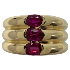 Rare Vintage Cartier Red Ruby Ellipse 18k Yellow Gold Three Stone Band Ring 53