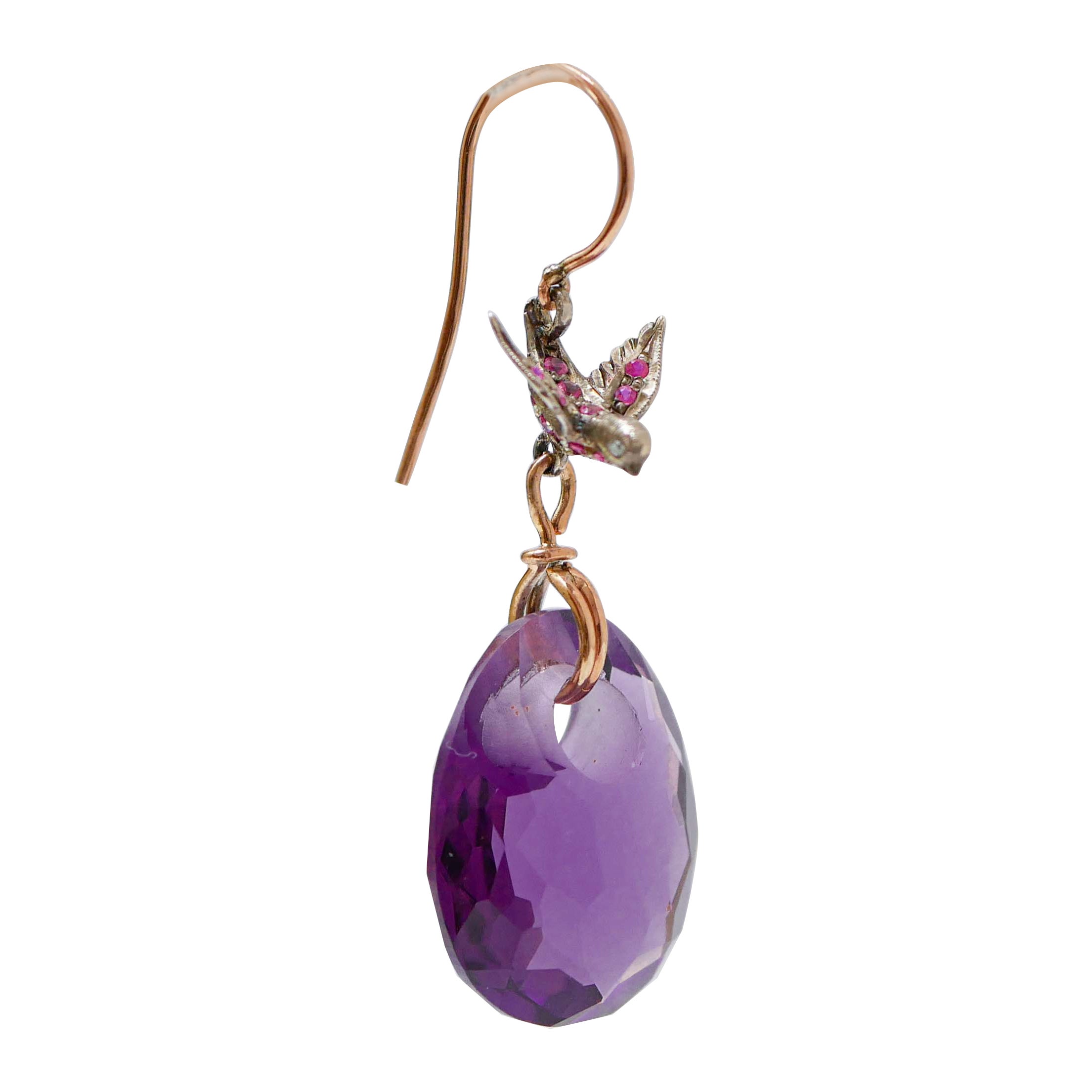 Amethysts, Rubies, Diamonds, Rose Gold and Silver Dangle Earrings.