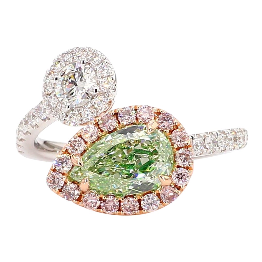 GIA Certified Natural Green Pear Diamond 2.37 Carat TW Gold Cocktail Ring For Sale
