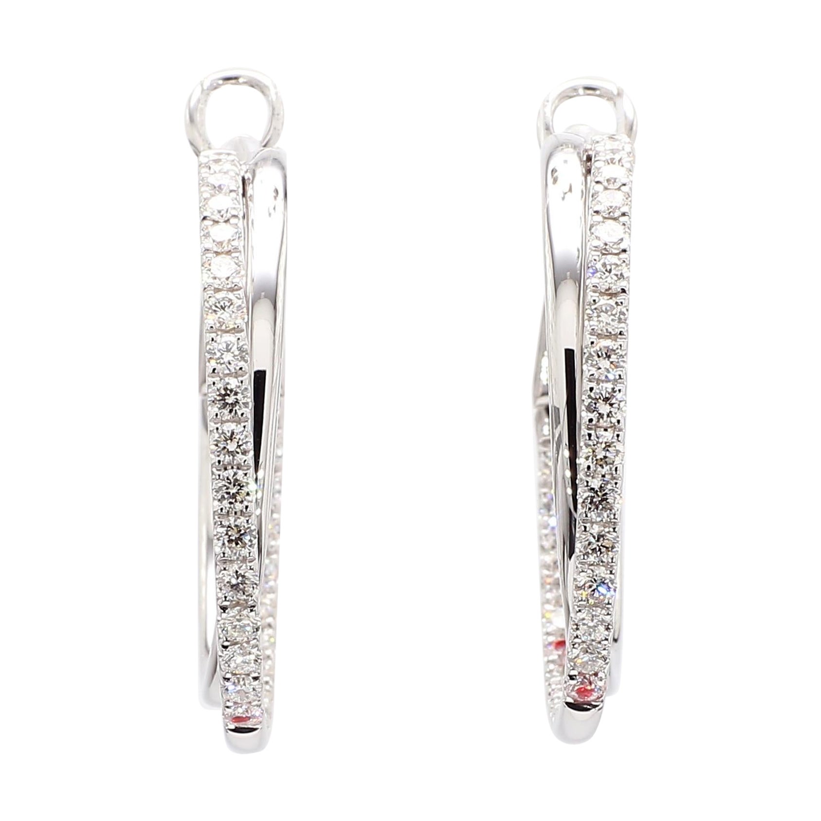 Natural White Round Diamond 1.45 Carat TW White Gold Loop Earrings For Sale