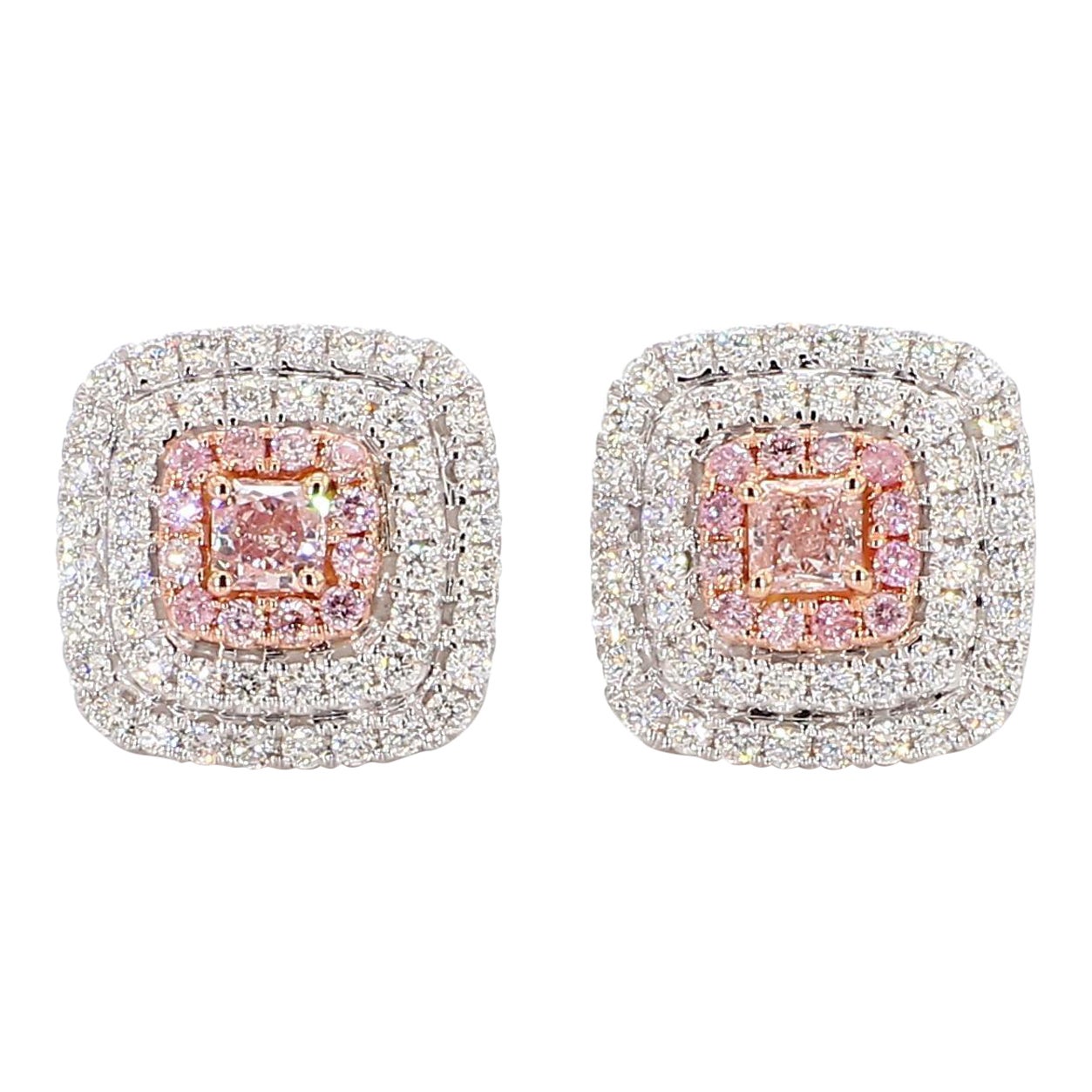 GIA Certified Natural Pink Radiant Diamond 1.17 Carat TW Gold Stud Earrings For Sale