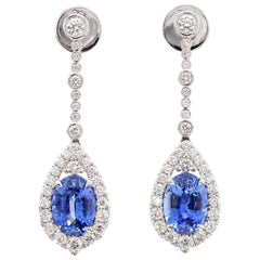 Natural Blue Oval Sapphire and White Diamond 5.20 Carat TW Gold Drop Earrings