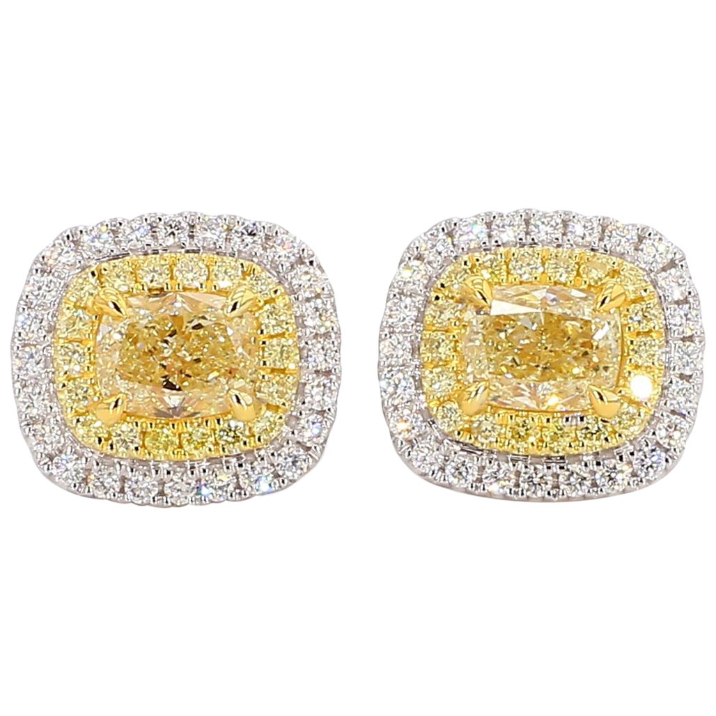 GIA Certified Natural Yellow Cushion Diamond 2.20 Carat TW Gold Stud Earrings For Sale