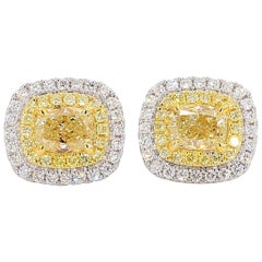GIA Certified Natural Yellow Cushion Diamond 2.20 Carat TW Gold Stud Earrings
