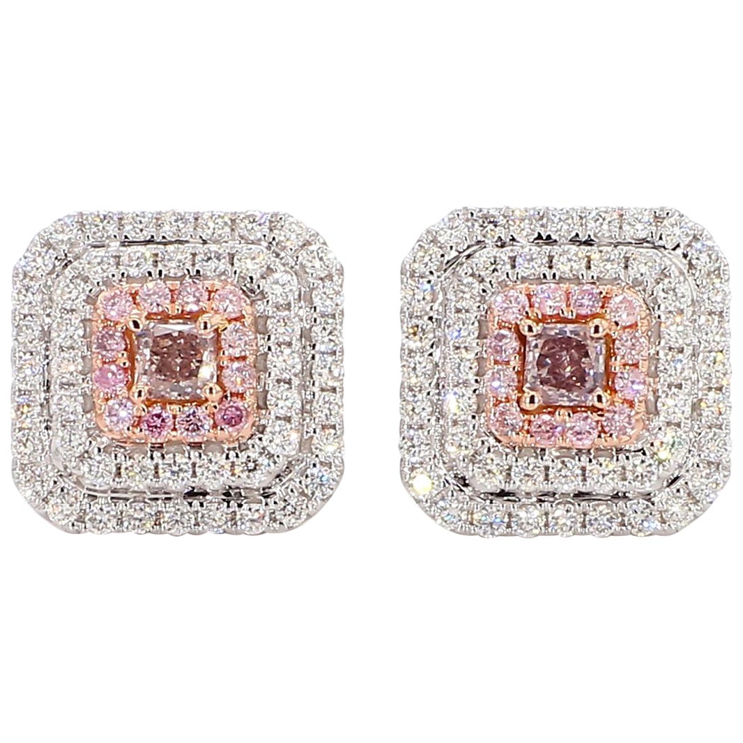 GIA Certified Natural Pink Radiant Diamond 1.16 Carat TW Gold Stud Earrings For Sale