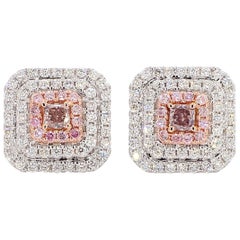 GIA Certified Natural Pink Radiant Diamond 1.16 Carat TW Gold Stud Earrings