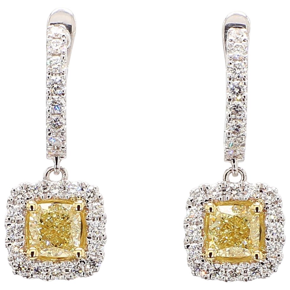 GIA Certified Natural Yellow Cushion Diamond 2.16 Carat TW Gold Drop Earrings