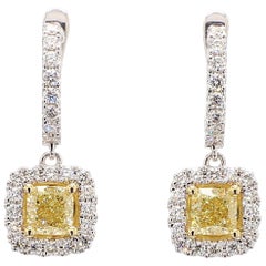 Boucles d'oreilles pendantes en or avec diamant coussin jaune certifié GIA de 2.16 carats TW