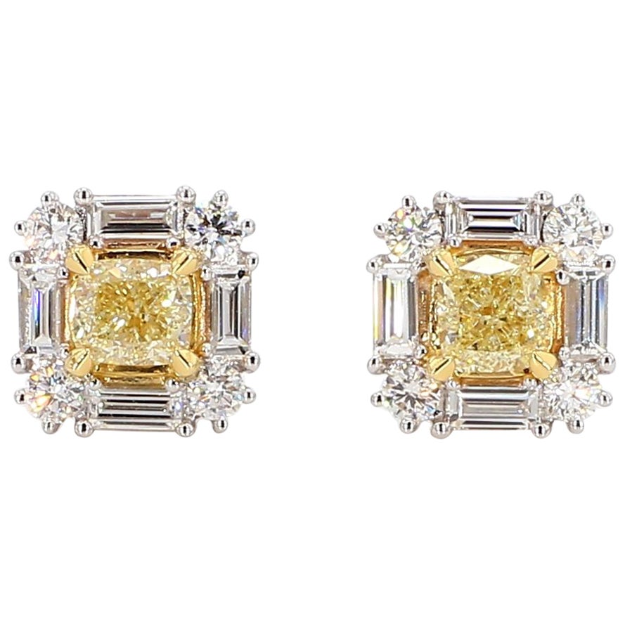 Natural Yellow Cushion Diamond 1.73 Carat TW Gold Stud Earrings