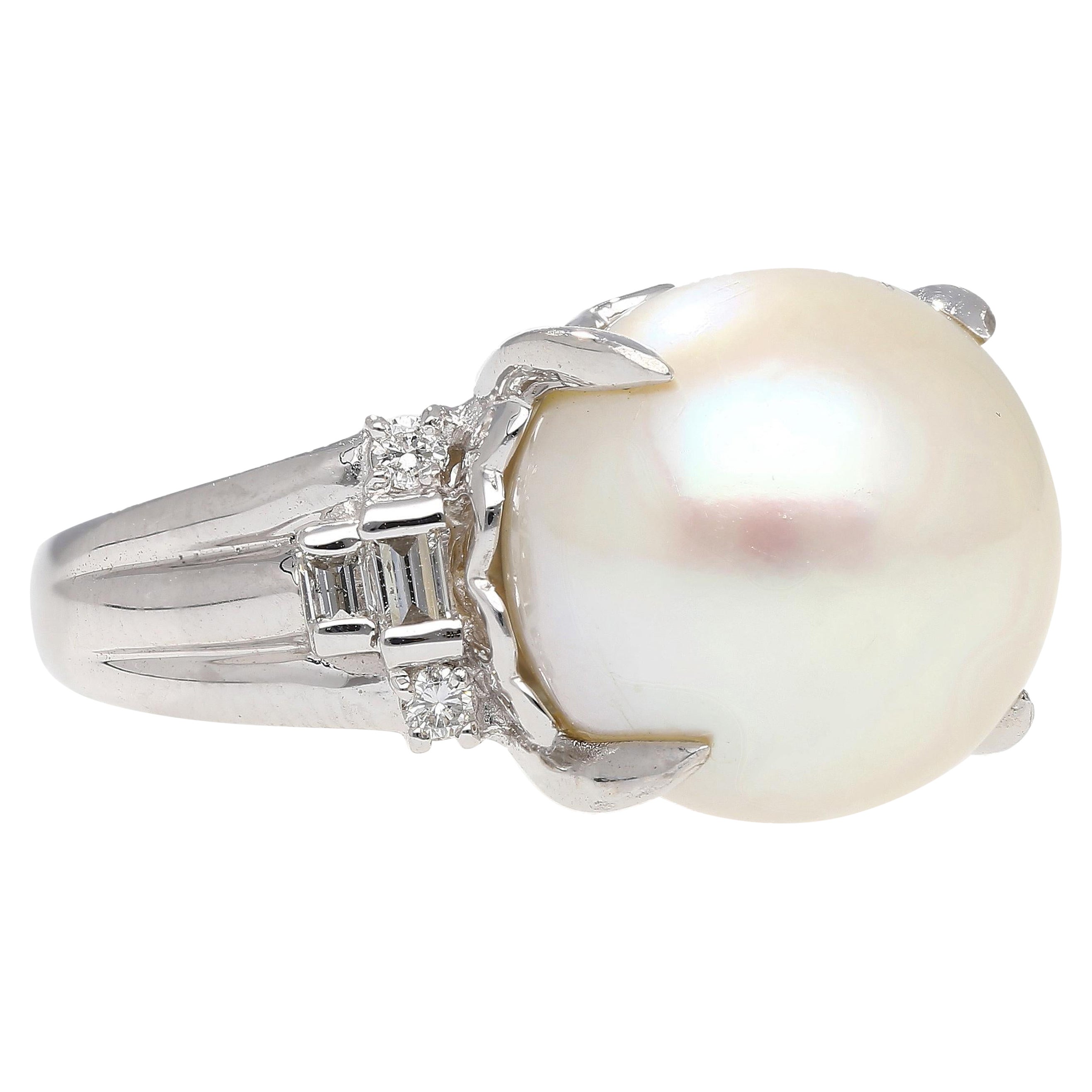 15mm South Sea Pearl and Diamond Platinum Cocktail Ring with Heart Shape Design For Sale