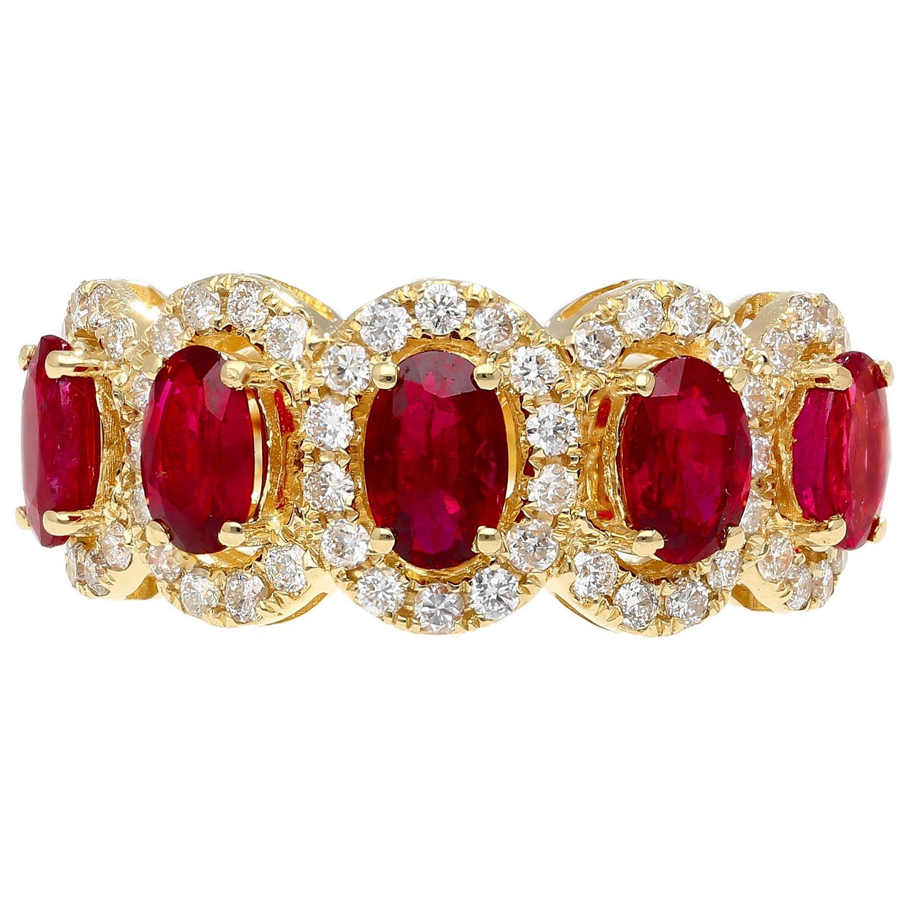 3.43 Carat Oval Cut Ruby and Diamond Halo Wedding Band Ring in 18K Gold