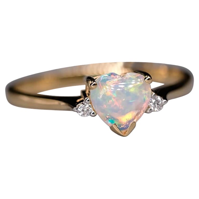 Heart Shaped Australian Solid Opal & Diamond Engagement Ring 18K Yellow Gold