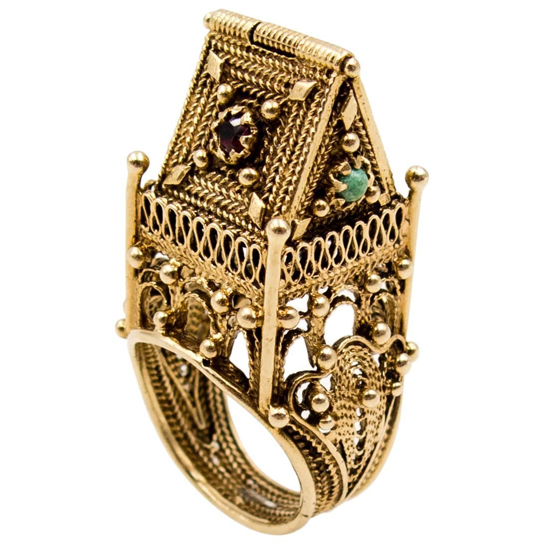 Unusual Garnet Turquoise  Gold Jewish Wedding Ring