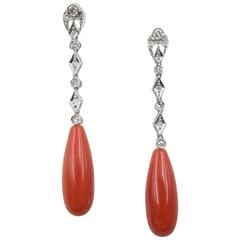1980s Italian Coral Diamond Gold Teardrop Earrings 3