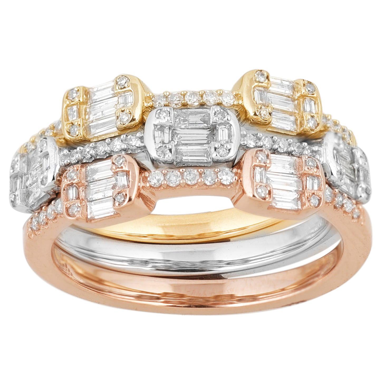 TJD 1/2 Carat Round & Baguette Diamond 14K Tri-Color Gold Stackable Wedding Band For Sale