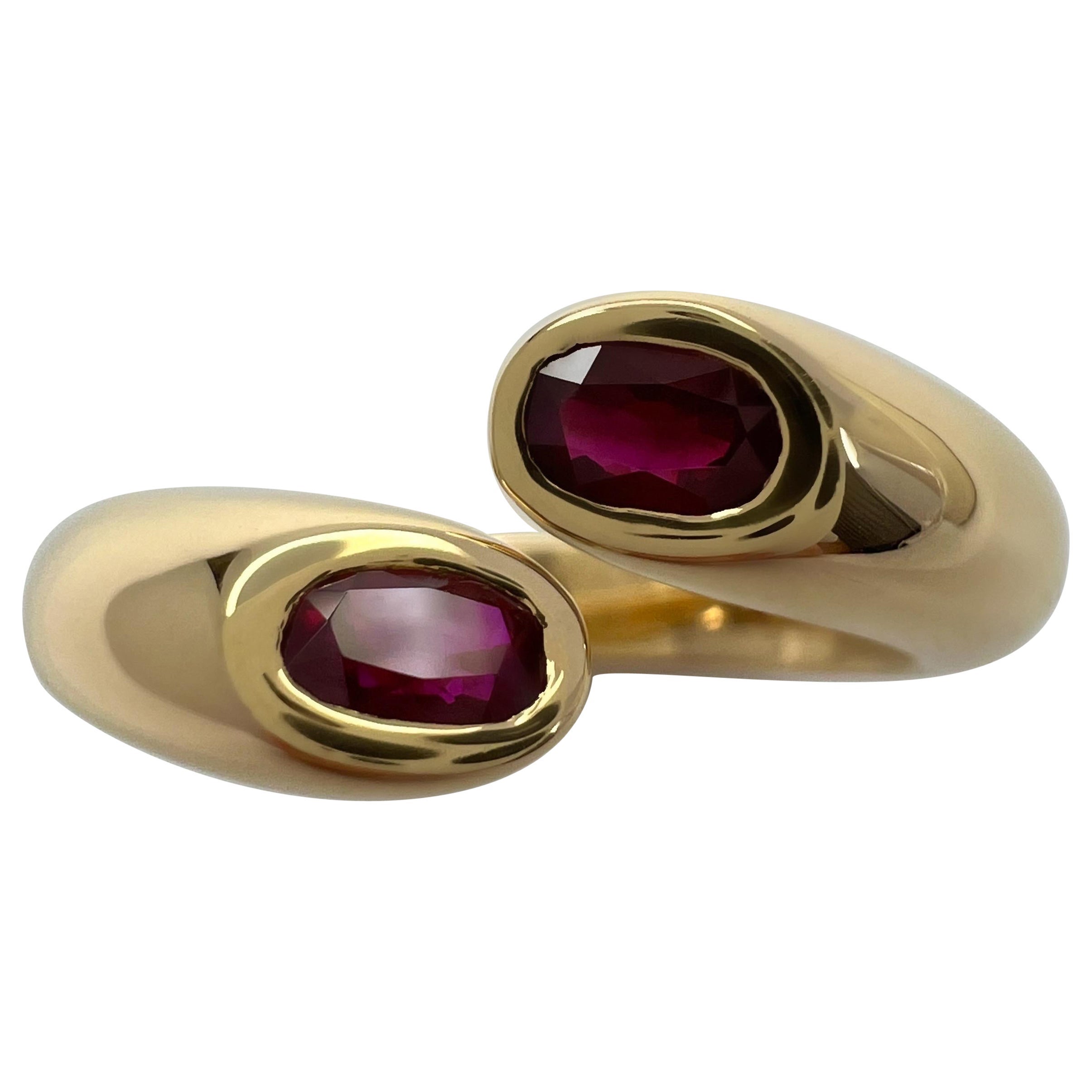 Rare Vintage Cartier Red Ruby Ellipse Oval Cut 18k Gold Bypass Split Ring 48 4.5 For Sale