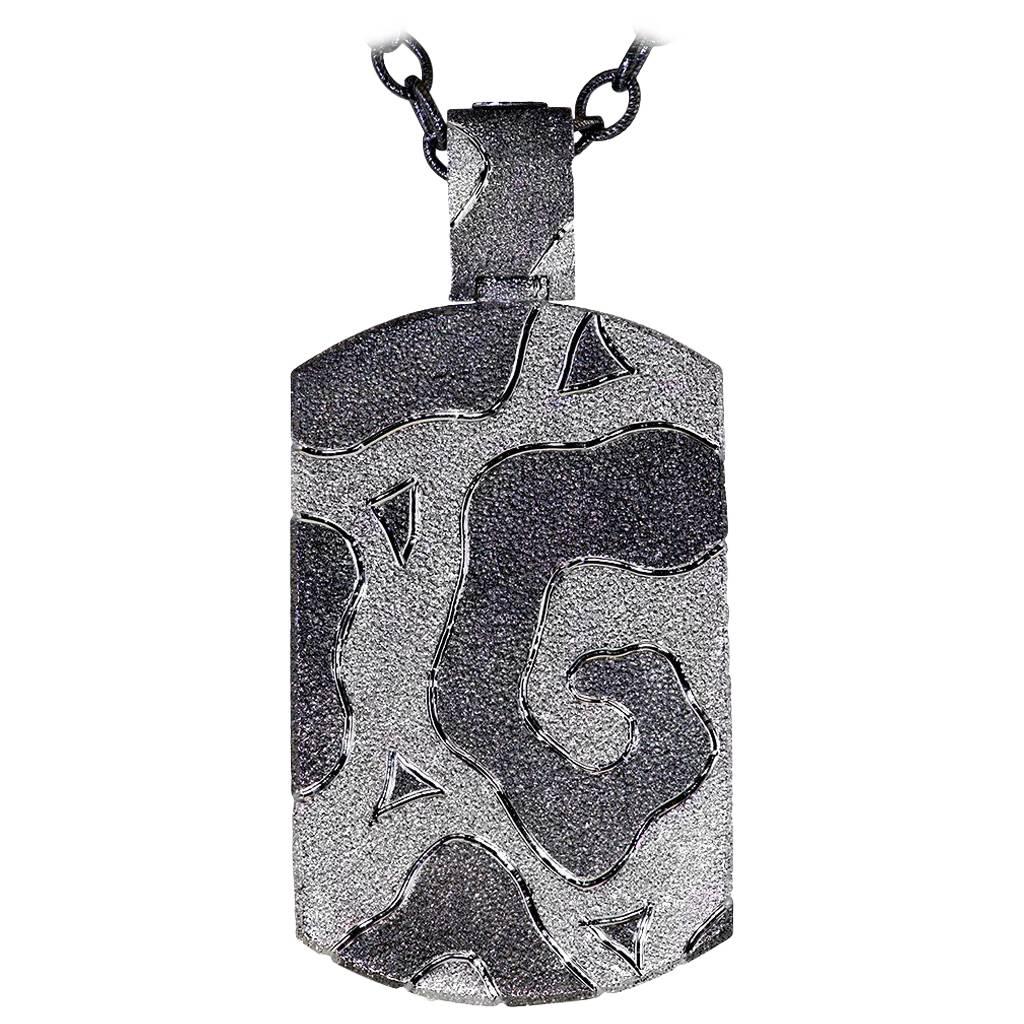 Sterling Silver Platinum Textured Volna Tag Pendant Necklace Choker On Chain