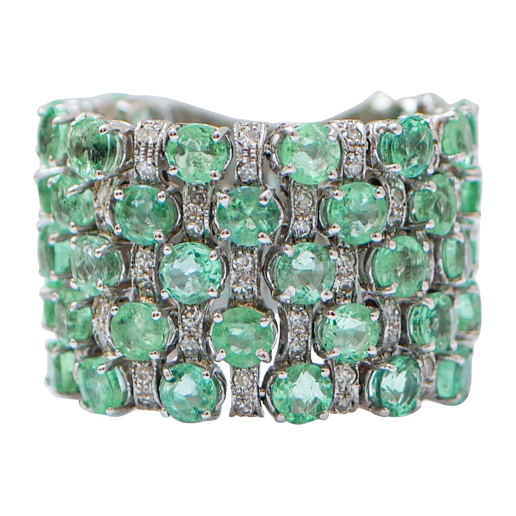 Emeralds, Diamonds, 14 Karat White Gold Band Ring. For Sale
