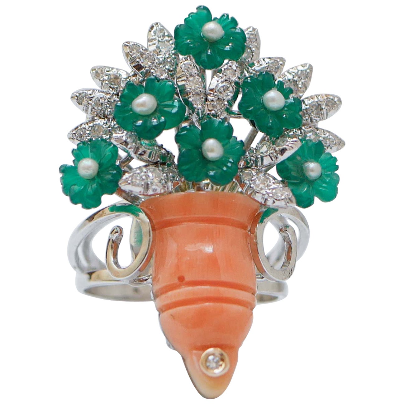 Coral, Pearls, Diamonds, Green Agate, 14 Karat White Gold Ring. For Sale
