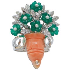 Coral, Pearls, Diamonds, Green Agate, 14 Karat White Gold Ring.