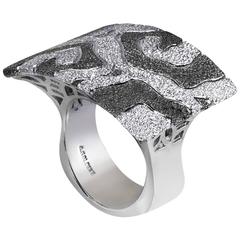 Silver Platinum Textured Ring w Volna Pattern Handmade In NYC. Ltd Ed. 9