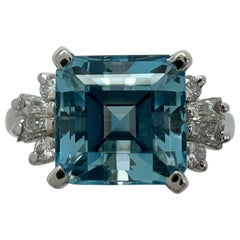 Vintage 2.32ct Santa Maria Blue Emerald Cut Aquamarine Diamond Platinum Cluster Ring