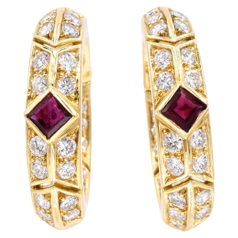 Van Cleef and Arpels Ruby Diamond Gold Hoop Earrings For Sale at 1stdibs