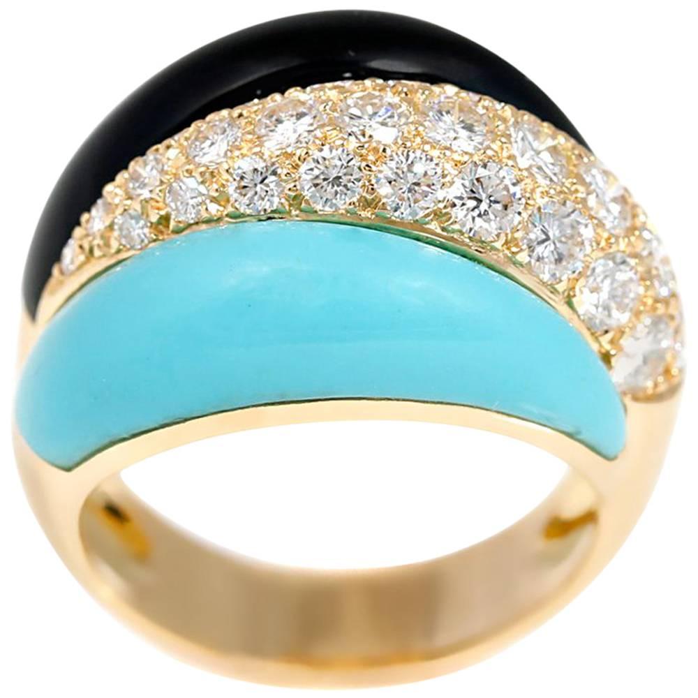 Van Cleef & Arpels Onyx Turquoise Diamond Gold Bombe Style Ring