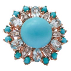 Bague Magnesite, aigue-marine, turquoise, diamants, or et argent