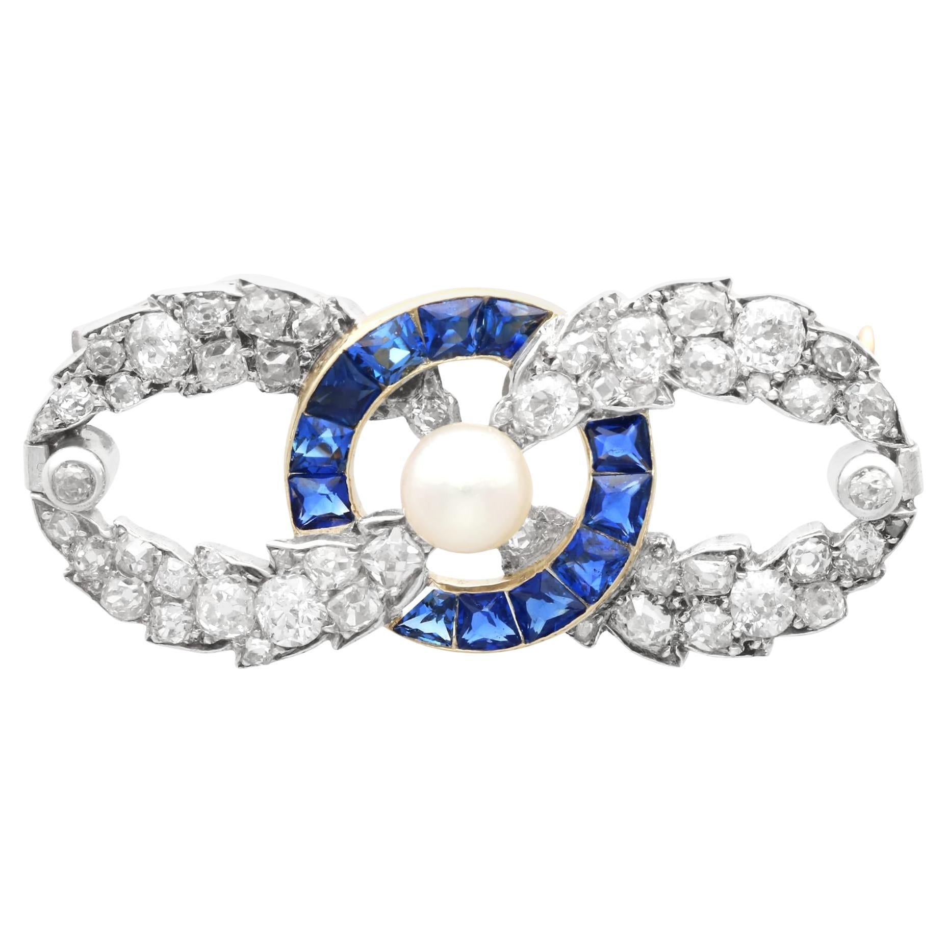 Antique Pearl, 2.02Ct Sapphire and 4.95Ct Diamond, 18k Yellow Gold Brooch