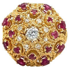 Estate Diamond & Ruby Gemstone Bombe Ring 18k Yellow Gold