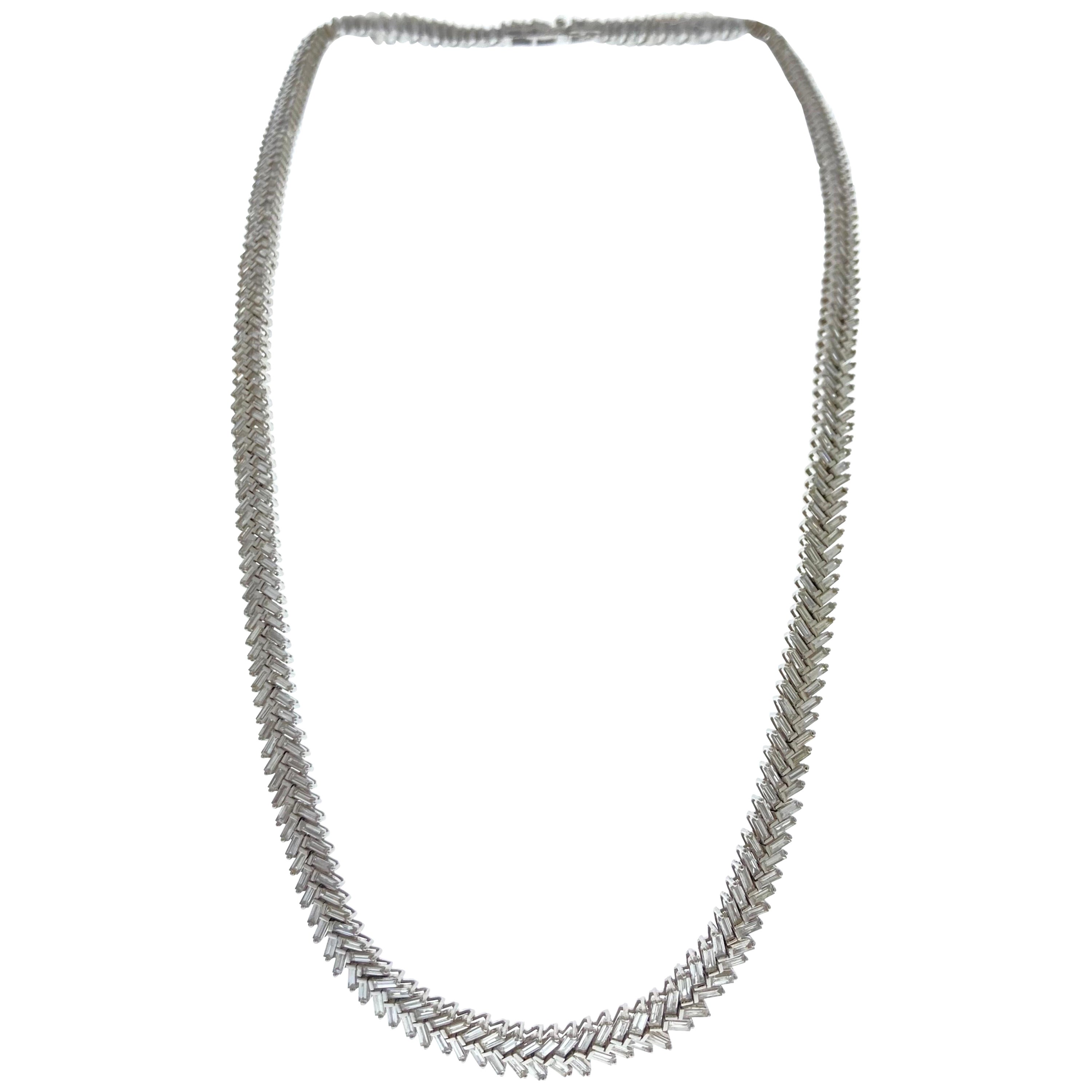 9.82 Carat Baguette Diamond Fashion Necklace In 18k White Gold For Sale