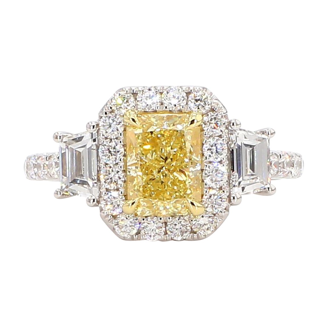 GIA Certified Natural Yellow Radiant Diamond 2.60 Carat TW Plat Cocktail Ring For Sale