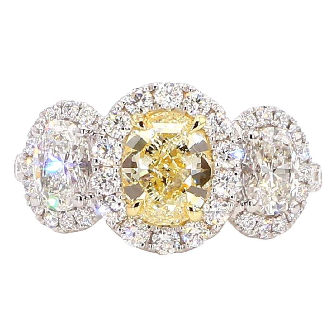 GIA Certified Natural Yellow Oval Diamond 3.20 Carat TW Plat Cocktail Ring For Sale