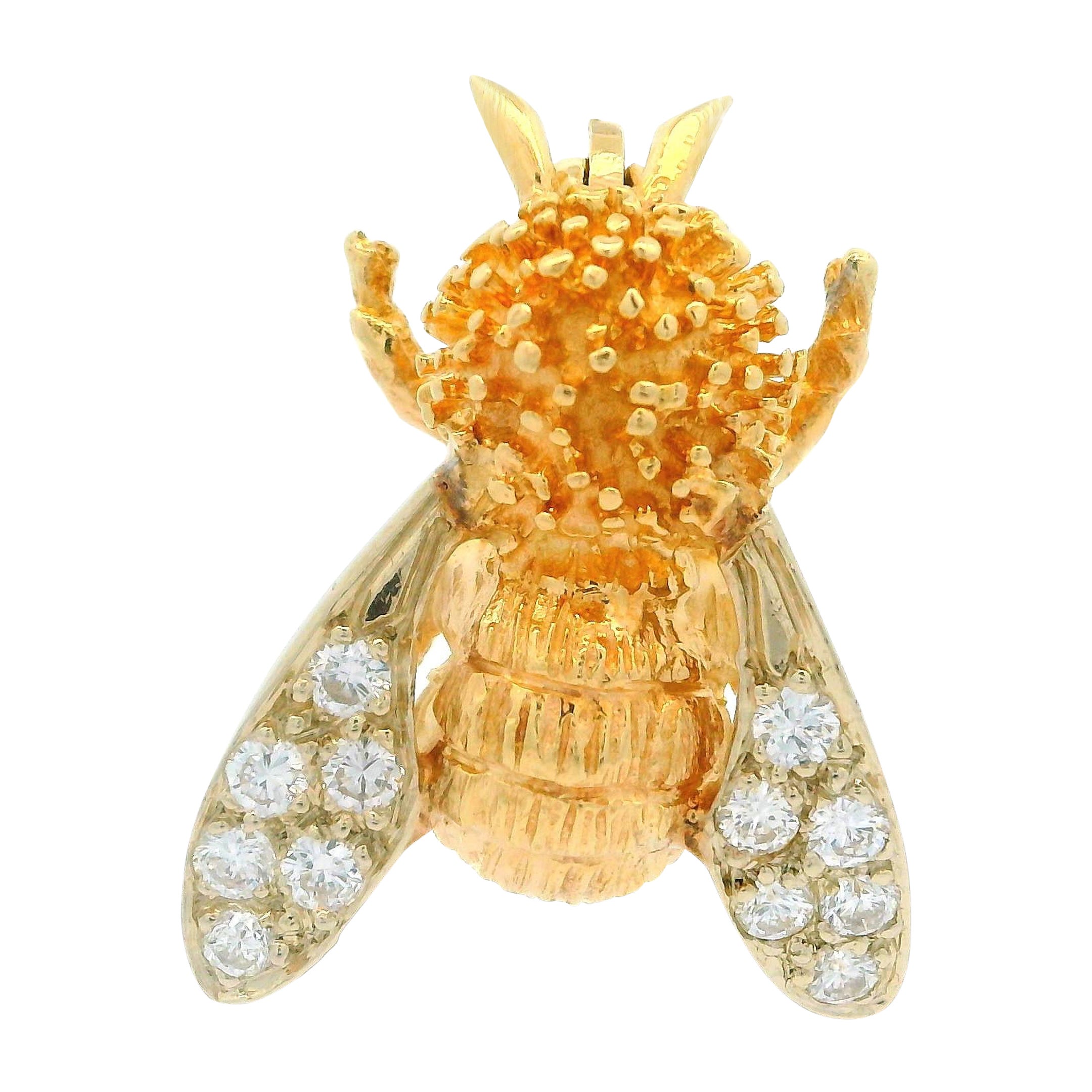 Estate 14k Yellow Gold 0.20ctw Diamond Detailed Bumble Bee Fly Pin Brooch For Sale