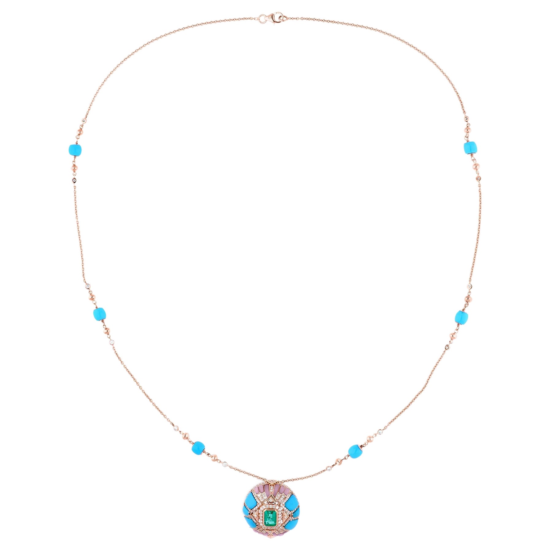 Collier pendentif turquoise d'Arizona, émeraude de Zambie, diamants et or rose 18 carats