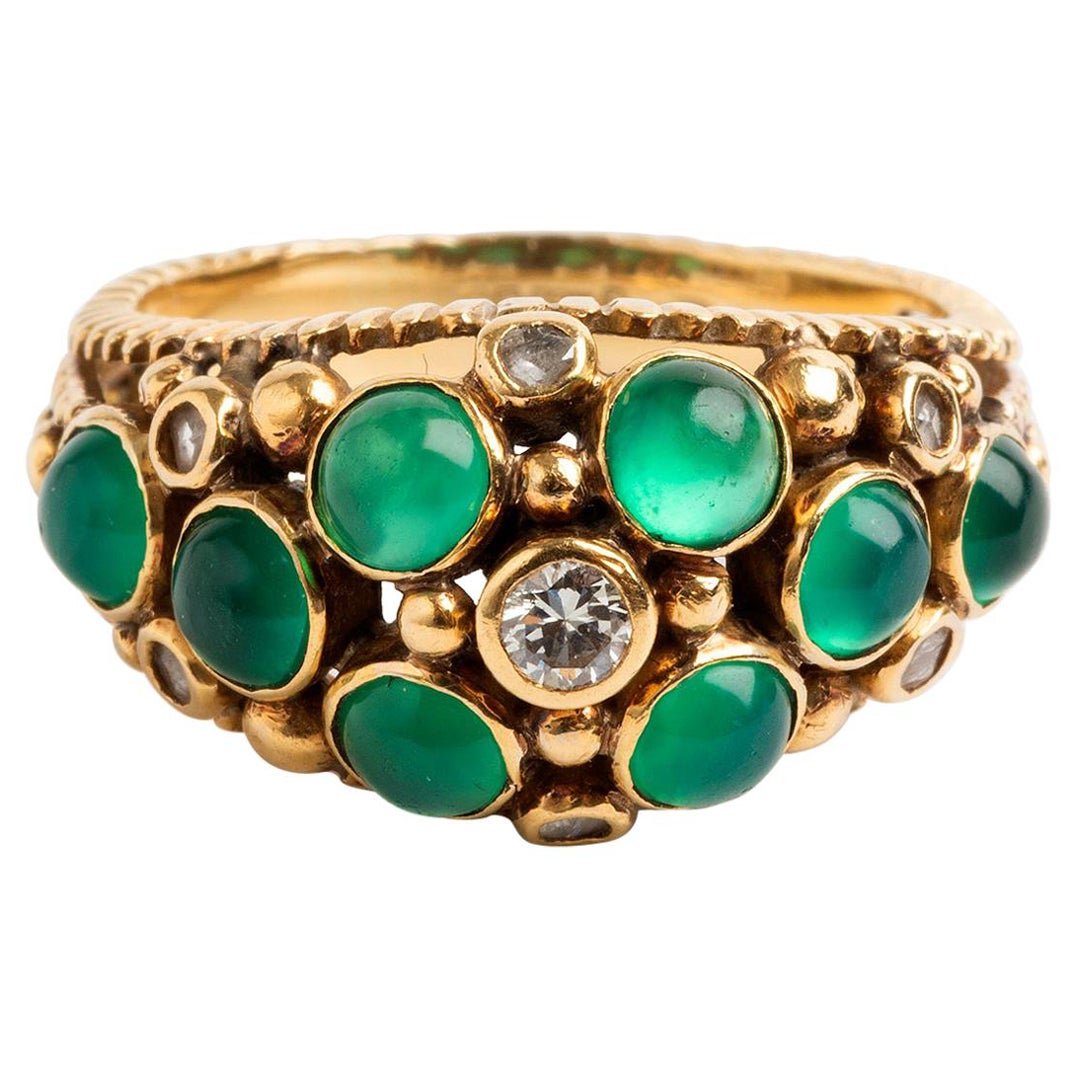 Emerald and Diamond Dress Ring, 18ct Yellow Gold, Hallmarked, circa 1960s For Sale