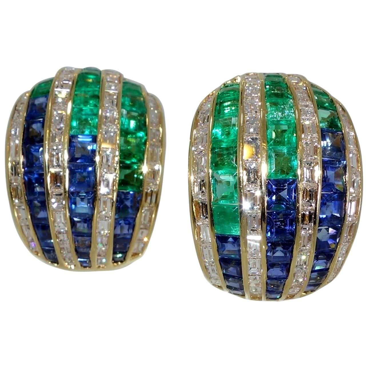 David Morris Sapphire Emerald Gold Earrings