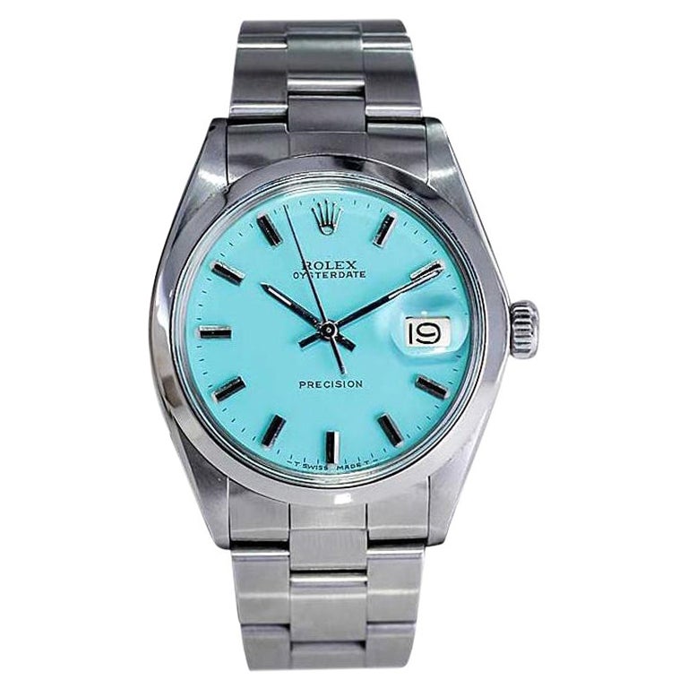 Rolex Stainless Steel Oysterdate with Custom Finished T. Blue Dial, 1970s For Sale