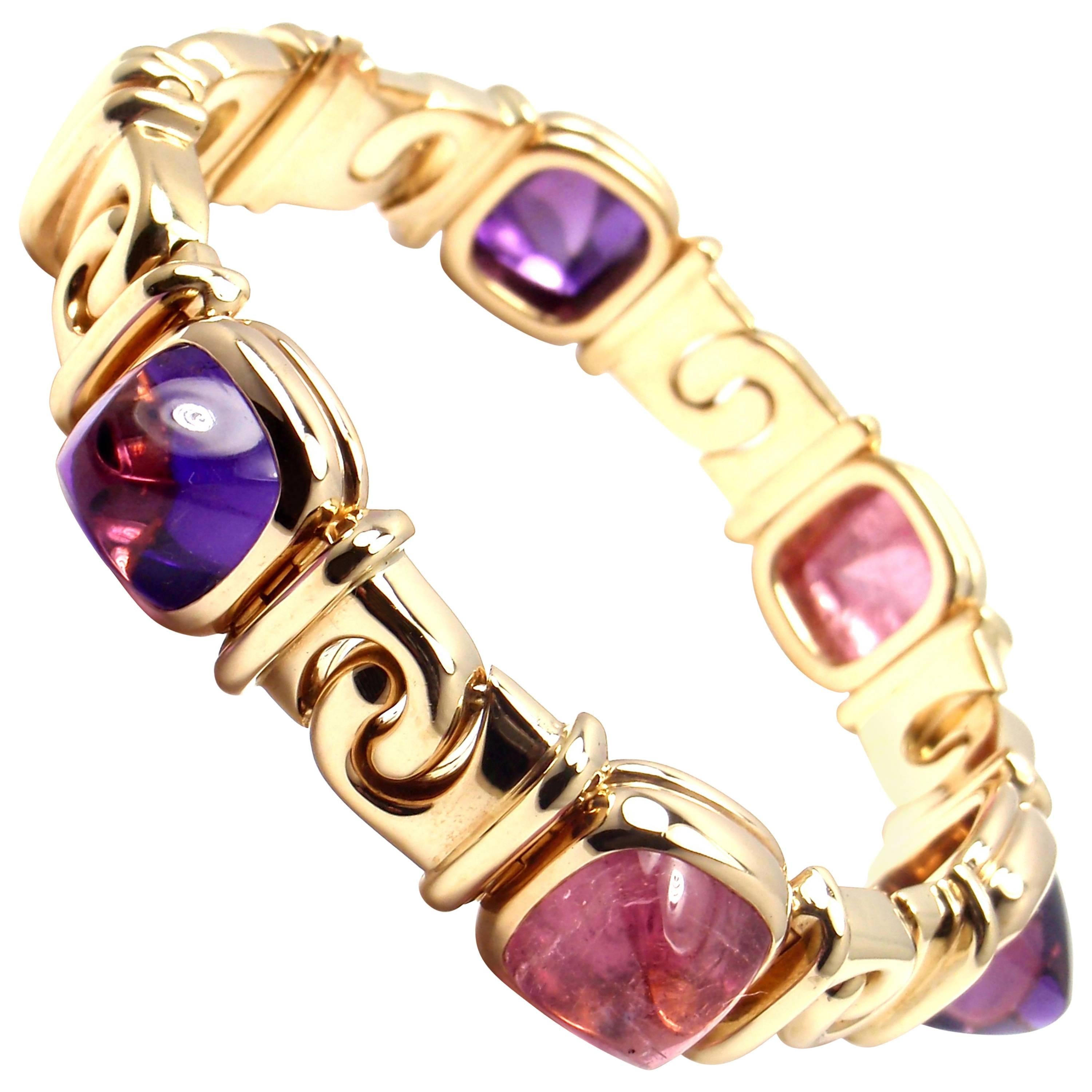 Bulgari Amethyst Rosa Turmalin Zuckerhut Cabochon Link Goldarmband