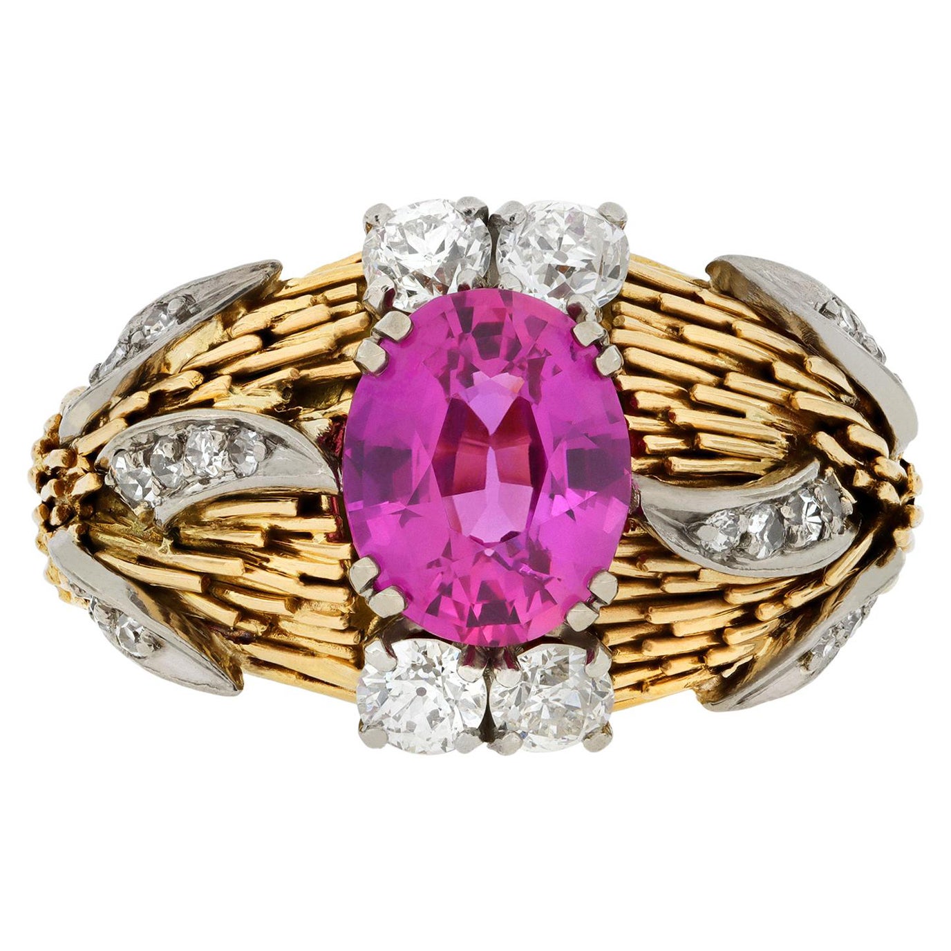 Pink sapphire and diamond cluster ring.  For Sale