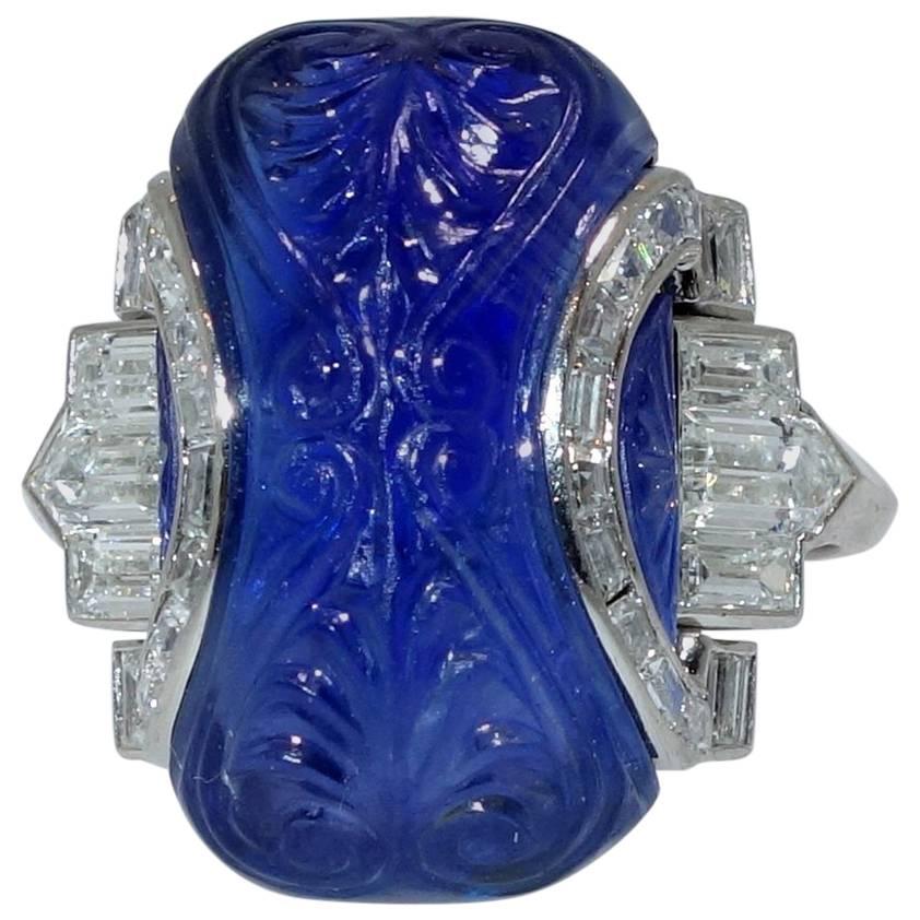  Art Deco Unheated Burma Sapphire Diamond Platinum Ring