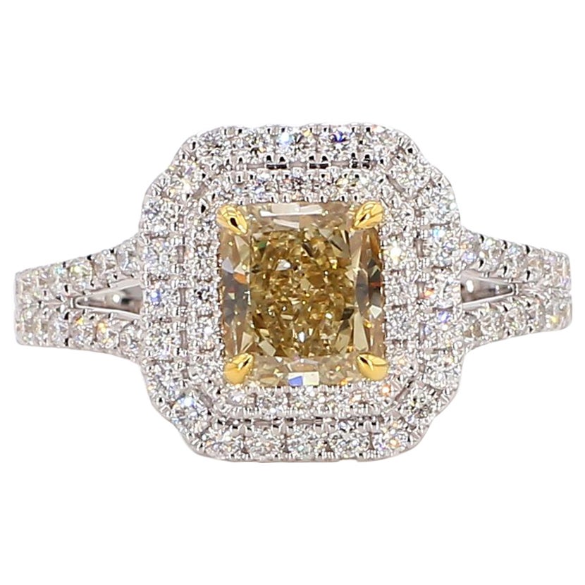 GIA Certified Natural Yellow Radiant Diamond 1.97 Carat TW Gold Cocktail Ring For Sale