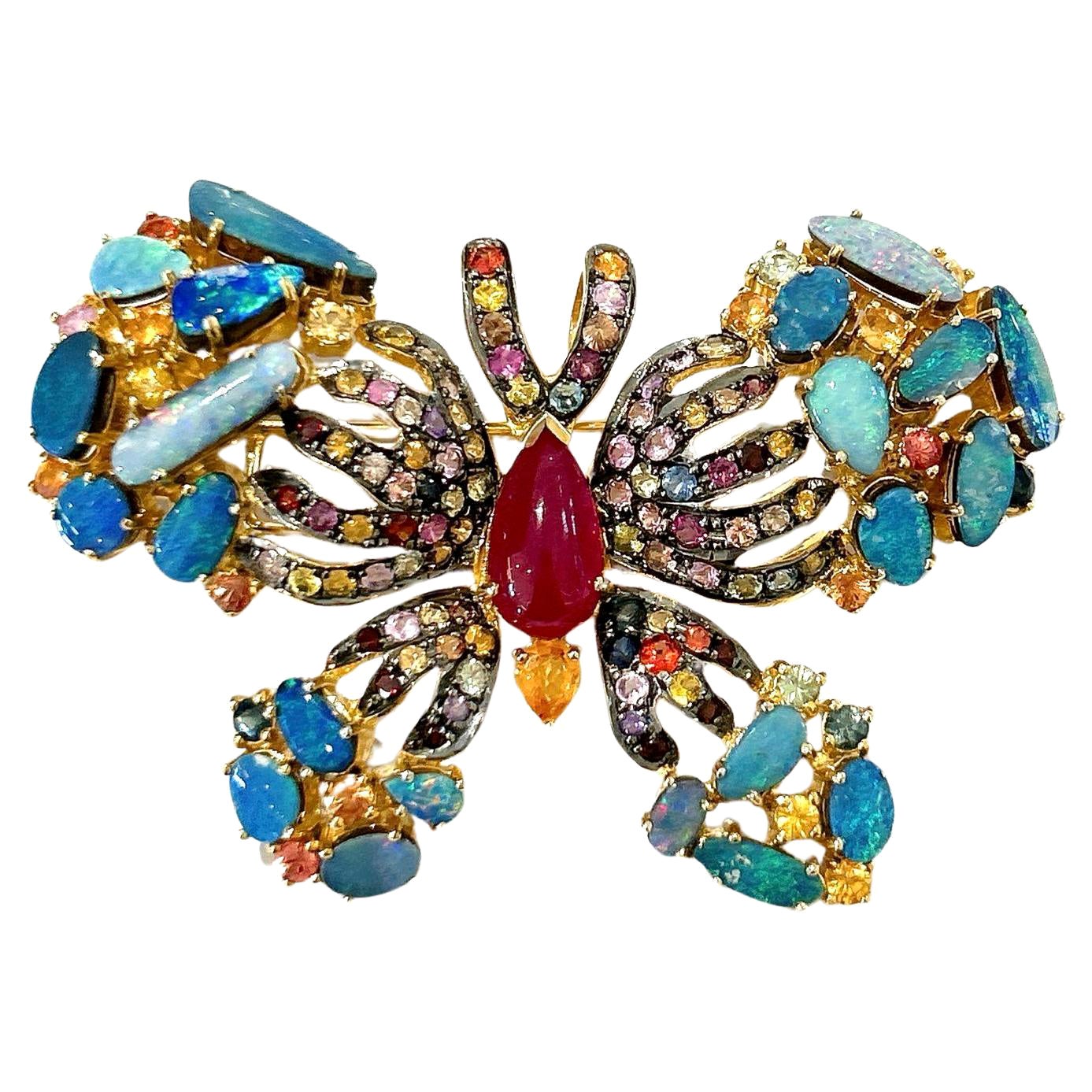 Bochic “Orient” Opal, Multi Sapphires & Ruby Brooch Set In 18K Gold & Silver  For Sale