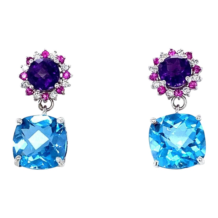 10.87 Carat Natural Amethyst Topaz Sapphire White Gold Drop Earrings For Sale