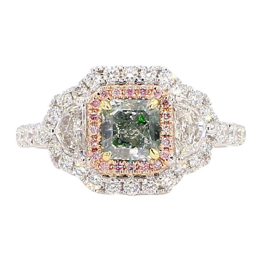 GIA Certified Natural Green Asscher Diamond 1.80 Carat TW Gold Cocktail Ring For Sale
