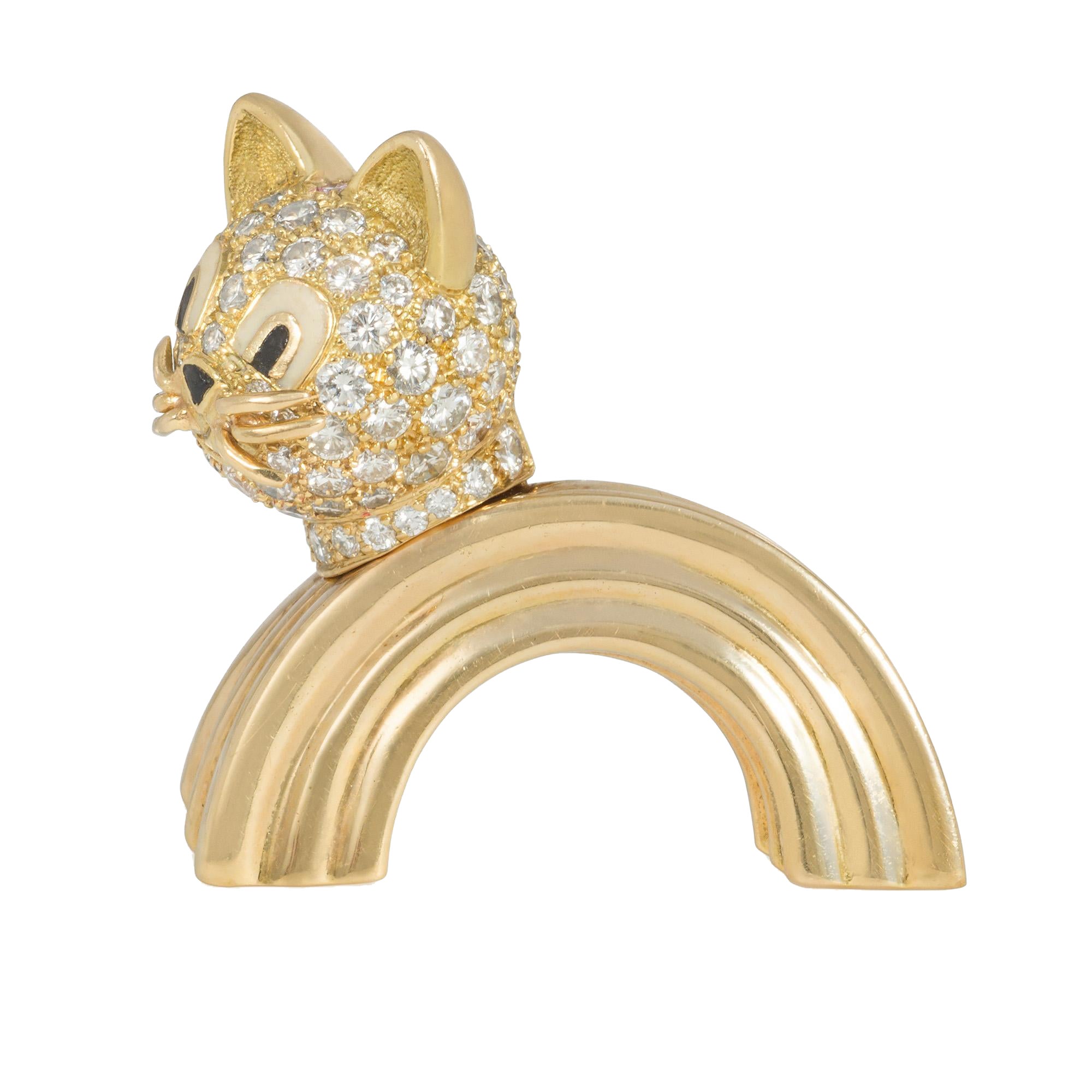 Boucheron, France 1960s Gold, Diamond, and Enamel Cat Brooch For Sale
