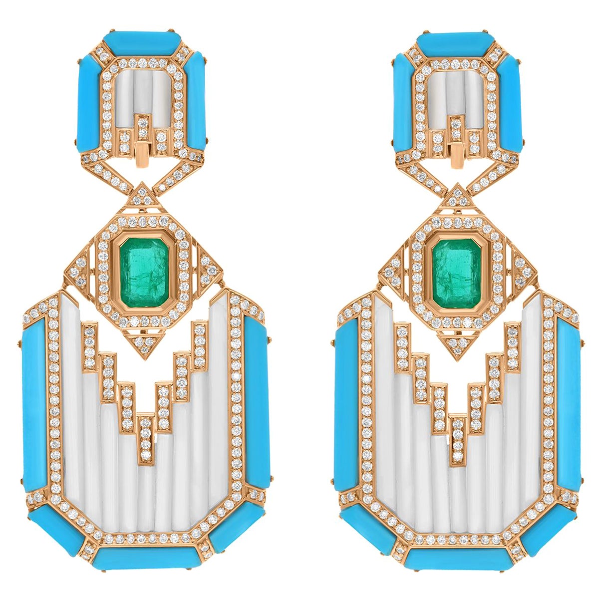 Mother of Pearl Turquoise Earrings Emerald Diamond 18 Karat Yellow Gold Jewelry For Sale